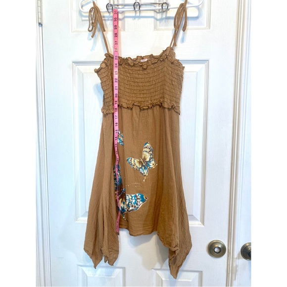 Boho Style ‘Tube Top’. Light Brown. Tie Straps. Sequined Butterflies. Long Tunic - Picture 4 of 6